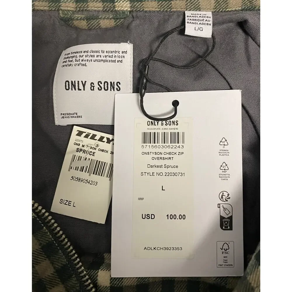 ONLY & SONS Tyson Check Mens Zip-Up Overshirt - SPRUCE Men’s Large - Picture 6 of 9